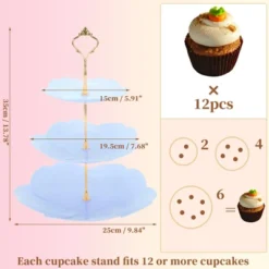 Unique Bargains 3 Tier Dessert Cupcake Stand Flower Shape Cup Cake Holder Tower Blue Gold Tone