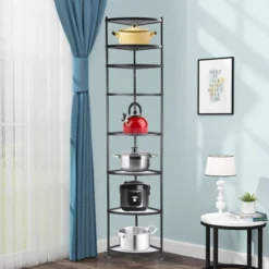 Unique Bargains 8-Tier Cookware Stand Corner Pots Kettles Shelf Rack Black 1 Pc