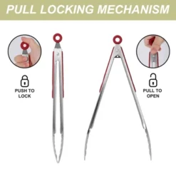 Unique Bargains Silicone Handle Stainless Steel BBQ Non-stick Locking Tongs Burgundy 9"&12" 2 Pcs