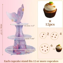 Unique Bargains 3-Tier Mermaids Tail Cupcake Stand Tower Cardboard Dessert Cup Cake Stand Tower Assorted Color
