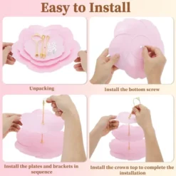 Unique Bargains 3 Tier Dessert Cupcake Stand Flower Shape Cup Cake Holder Tower Pink Gold Tone -Kitchen Utensil Store GUEST 95497407 87eb 405c b830 ec0dee886e2c