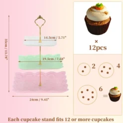 Unique Bargains 3 Tier Dessert Cupcake Stand Holder Square Tiered Serving Tray For Donuts Fruits White Pink Green Gold Tone