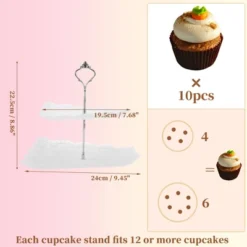 Unique Bargains 2 Tier Dessert Cupcake Stand Square Cup Cake Holder Tower White Silver Tone
