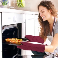 Unique Bargains Canvas Non-Slip Heat-Resistant Cotton Inside Oven Mitts Gloves 1 Pair