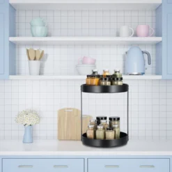 Unique Bargains Carbon Steel Kitchen Turntable Metal Condiment Lazy Susan Organizer Black